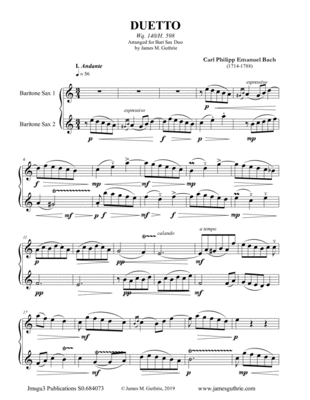 CPE Bach: Duetto Wq. 140 for Baritone Sax Duo image number null