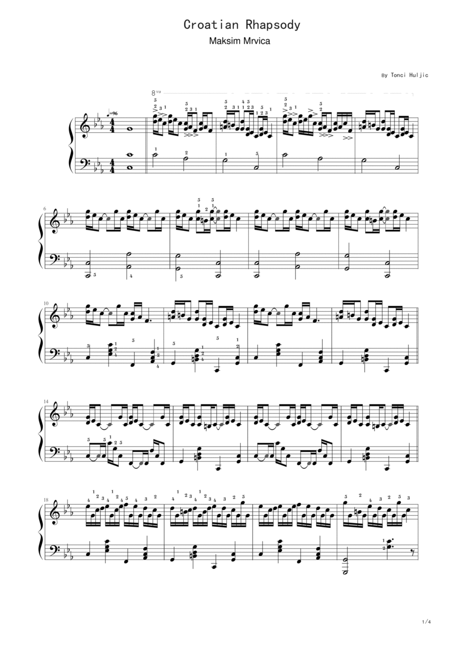 Croatian Rhapsody，Maksim Mrvica，Piano Solo Sheet,With Fingering Piano Solo scores gallery preview page 1
