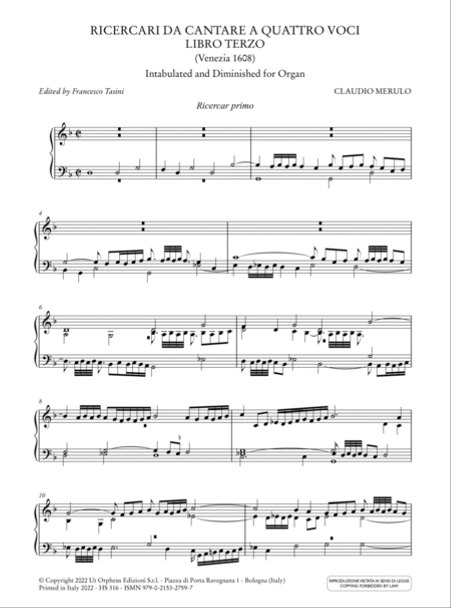 Ricercari da cantare a quattro voci. Libro Terzo (Venezia 1608) Intabulated and Diminished for Organ Organ Solo scores gallery preview page 2