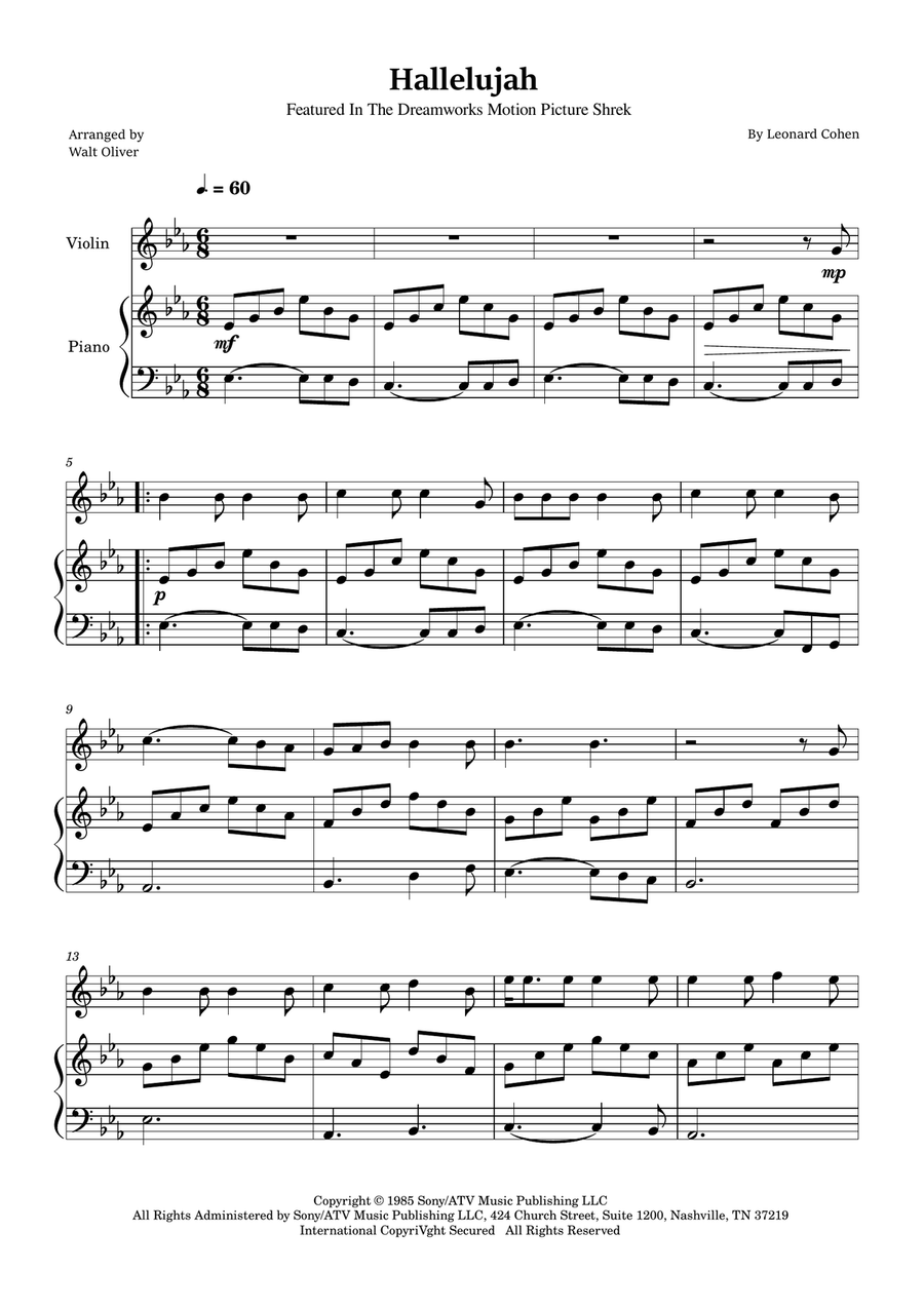 Hallelujah Violin Solo scores gallery preview page 1