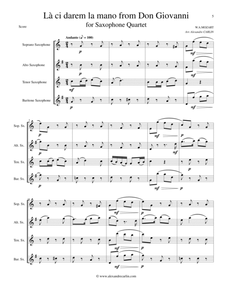 La Ci darem La Mano (from Don Giovanni) by Mozart - Arranged for Saxophone Quartet or Ensemble image number null