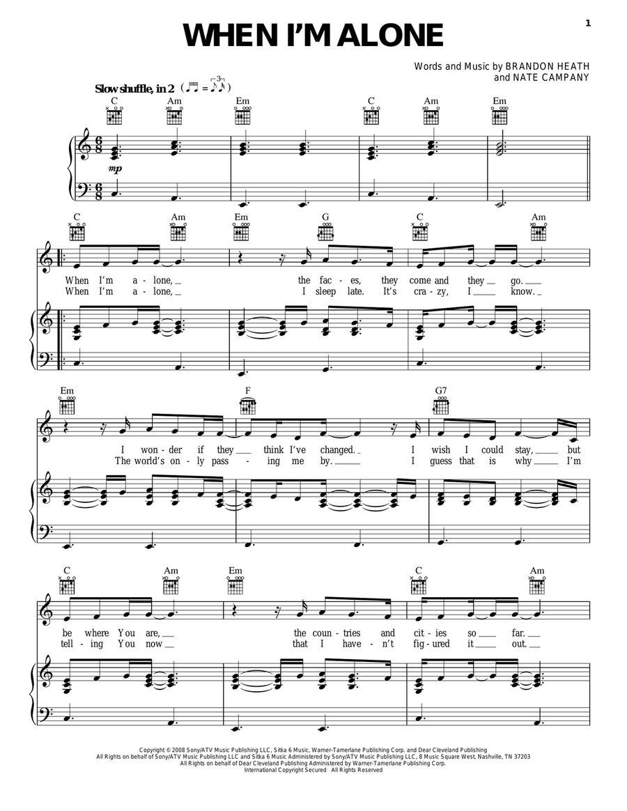 When I'm Alone Piano, Vocal, Guitar scores gallery preview page 1