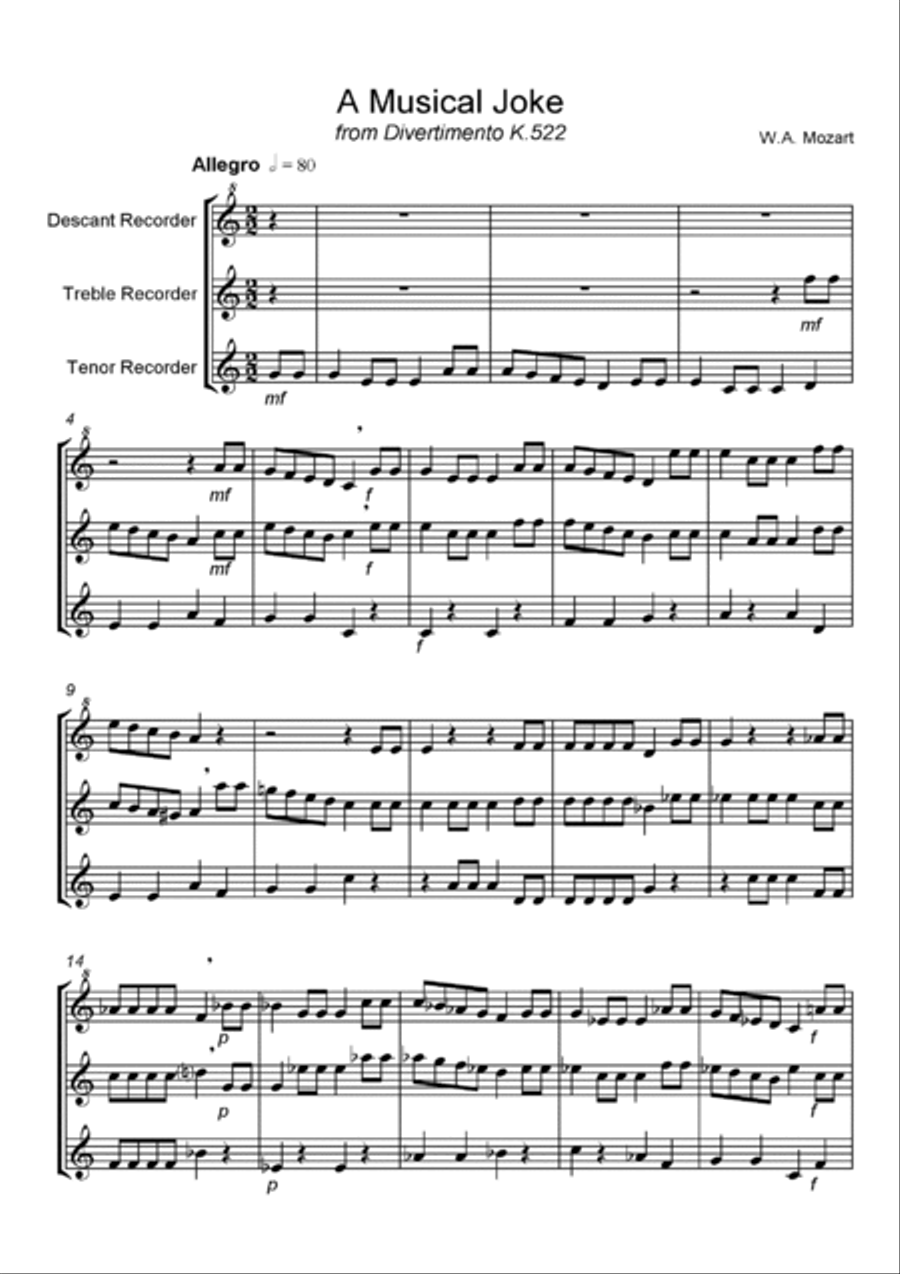 Musical Joke (Divertimento K.522) Soprano Recorder scores gallery preview page 2