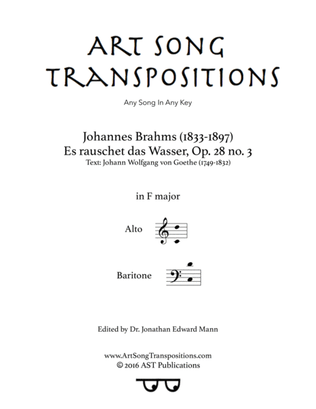 Book cover for BRAHMS: Es rauschet das Wasser, Op. 28 no. 3 (transposed to F major)