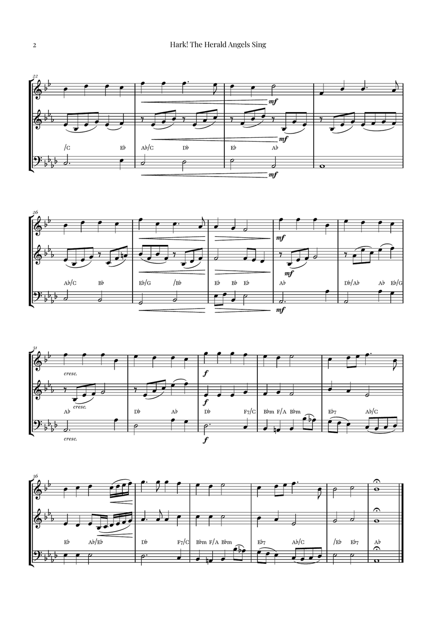 Hark! The Herald Angels Sing Trio Arrangement | Christmas Carol Sheet Music Brass Trio scores gallery preview page 2
