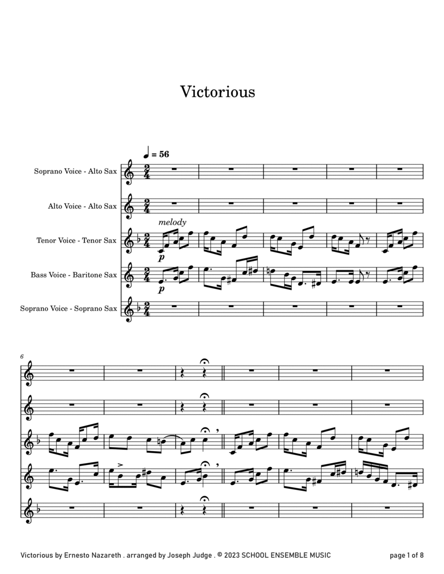 Victorious by Nazareth for Saxophone Quartet in Schools Saxophone Quartet scores gallery preview page 1
