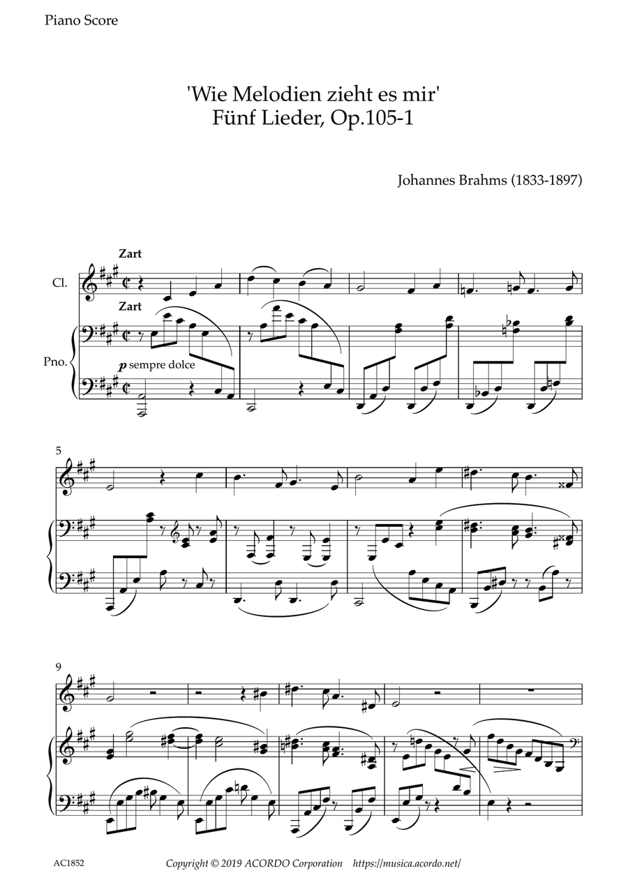 'Wie Melodien zieht es mir (It moves like a melody)' Op.105-1 for Clarinet & Piano Clarinet Solo scores gallery preview page 1