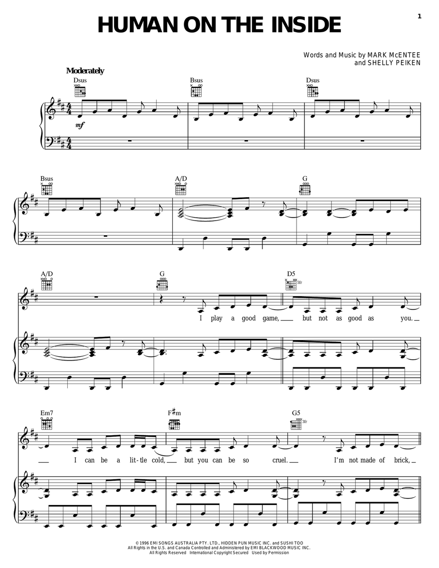 Human On The Inside Piano, Vocal, Guitar scores gallery preview page 1