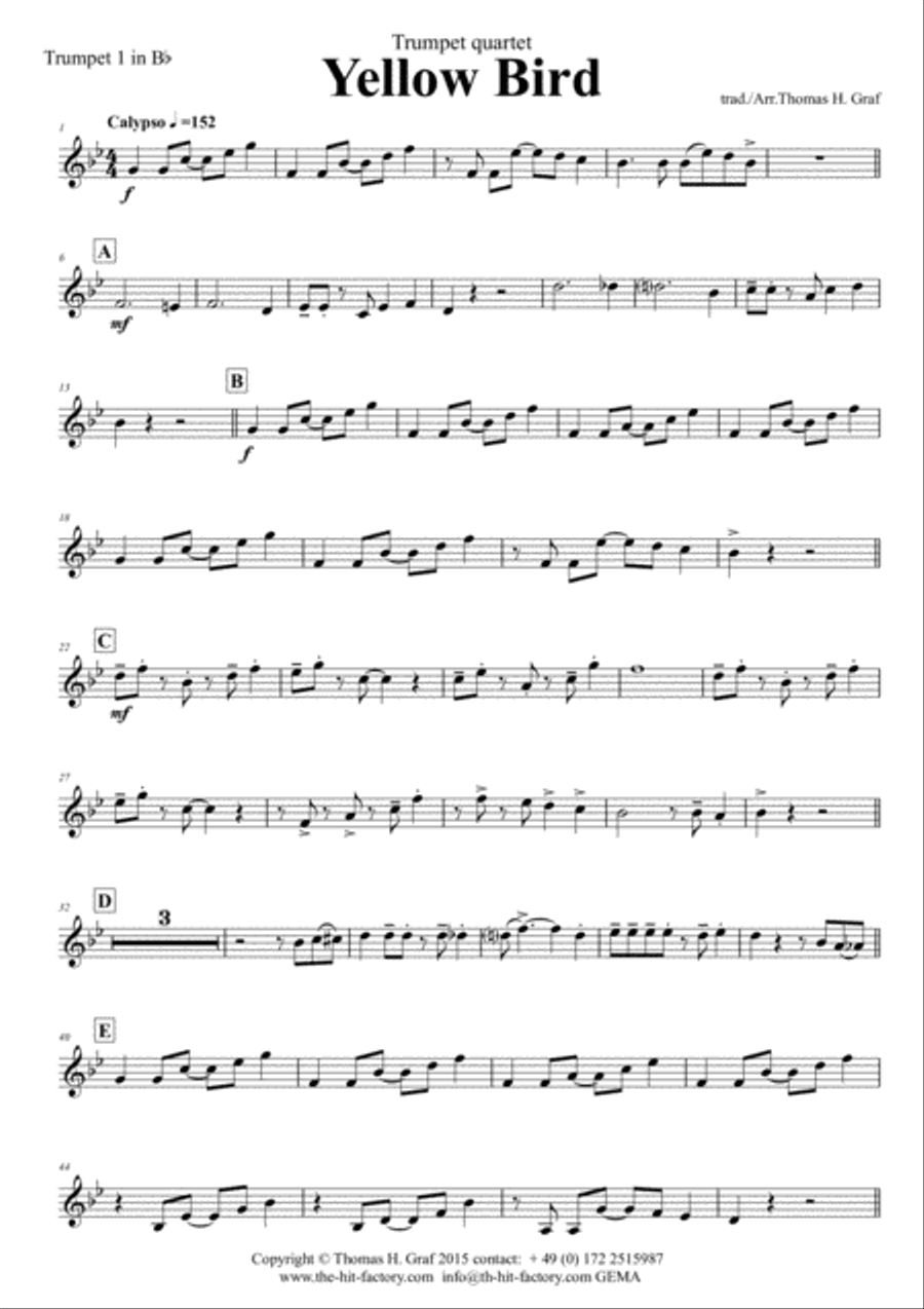 Yellow Bird - Haitian Folk Song - Calypso - Trumpet Quartet Trumpet scores gallery preview page 6