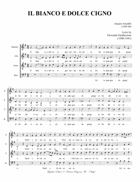 IL BIANCO E DOLCE CIGNO - J. Arcadelt - For SATB Choir image number null