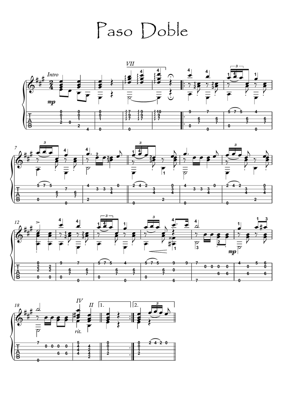 Classical guitar solo - Paso Doble Acoustic Guitar scores gallery preview page 1