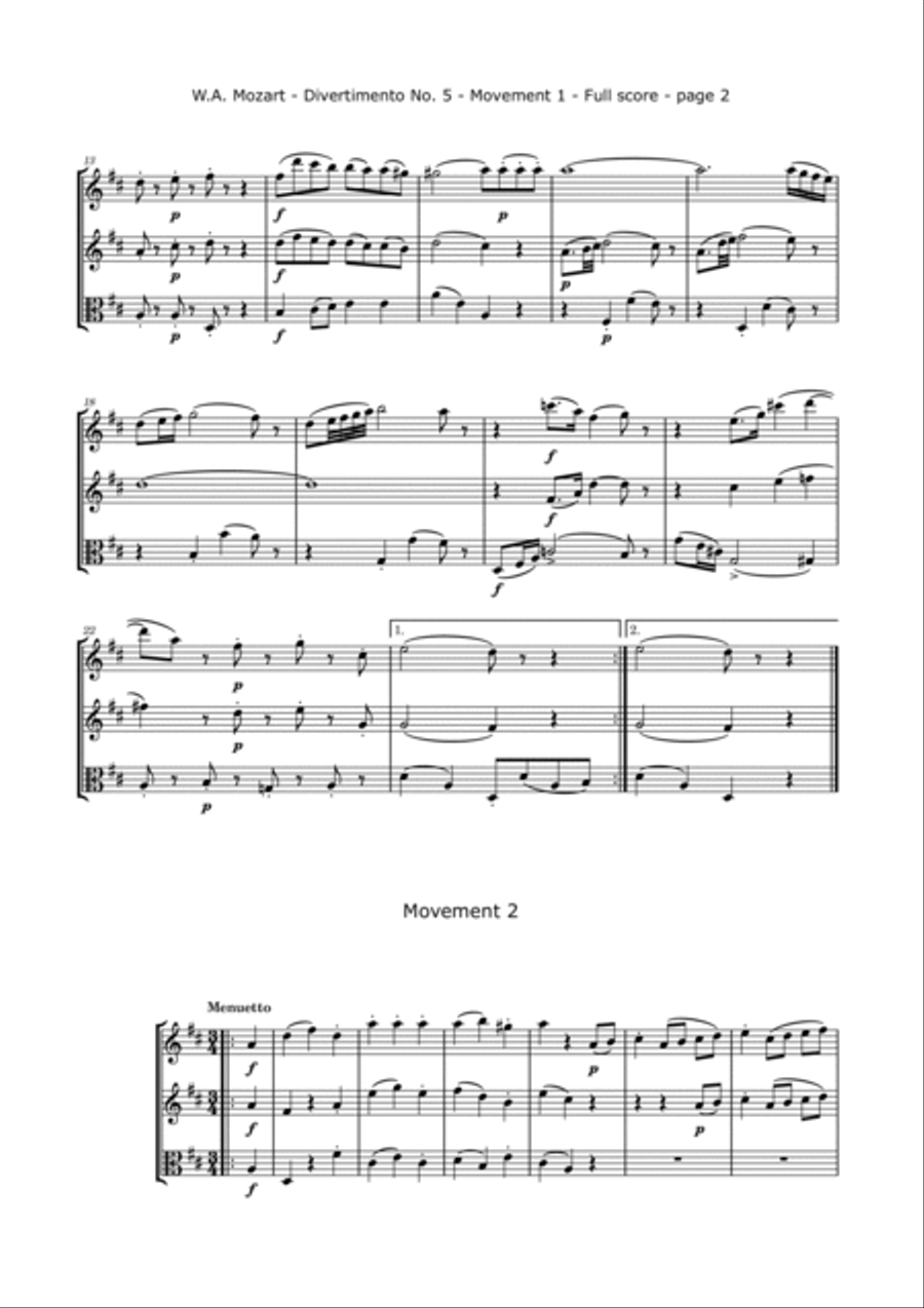 Mozart, W.A. - Divertimento No. 5, KV. 229 for 2 Violins and Viola String Trio scores gallery preview page 2