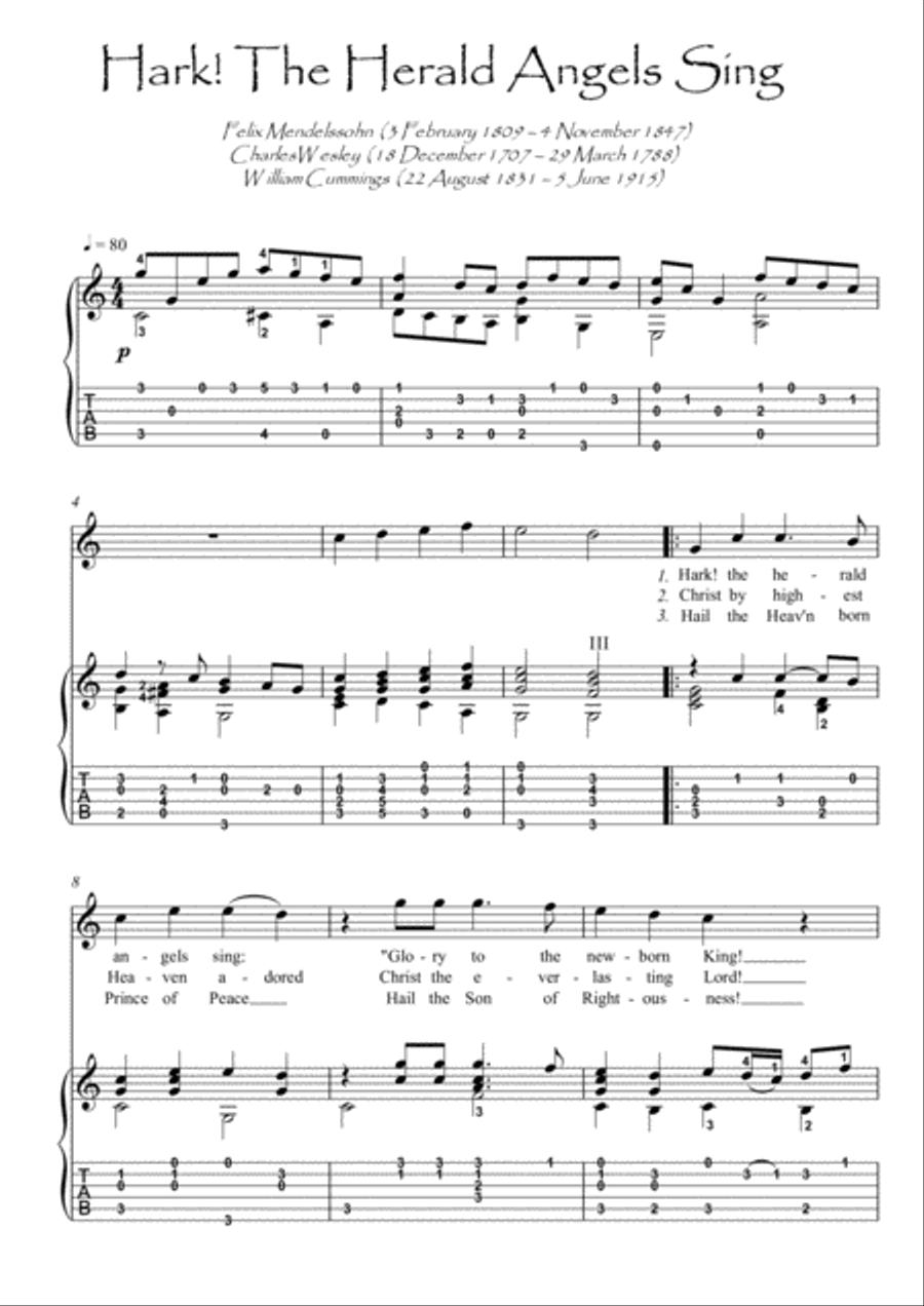Hark! The Herald Angels Sing guitar fingerstyle Acoustic Guitar scores gallery preview page 1