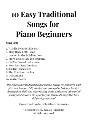 Book cover for 10 Easy Traditional Songs for Piano Beginners