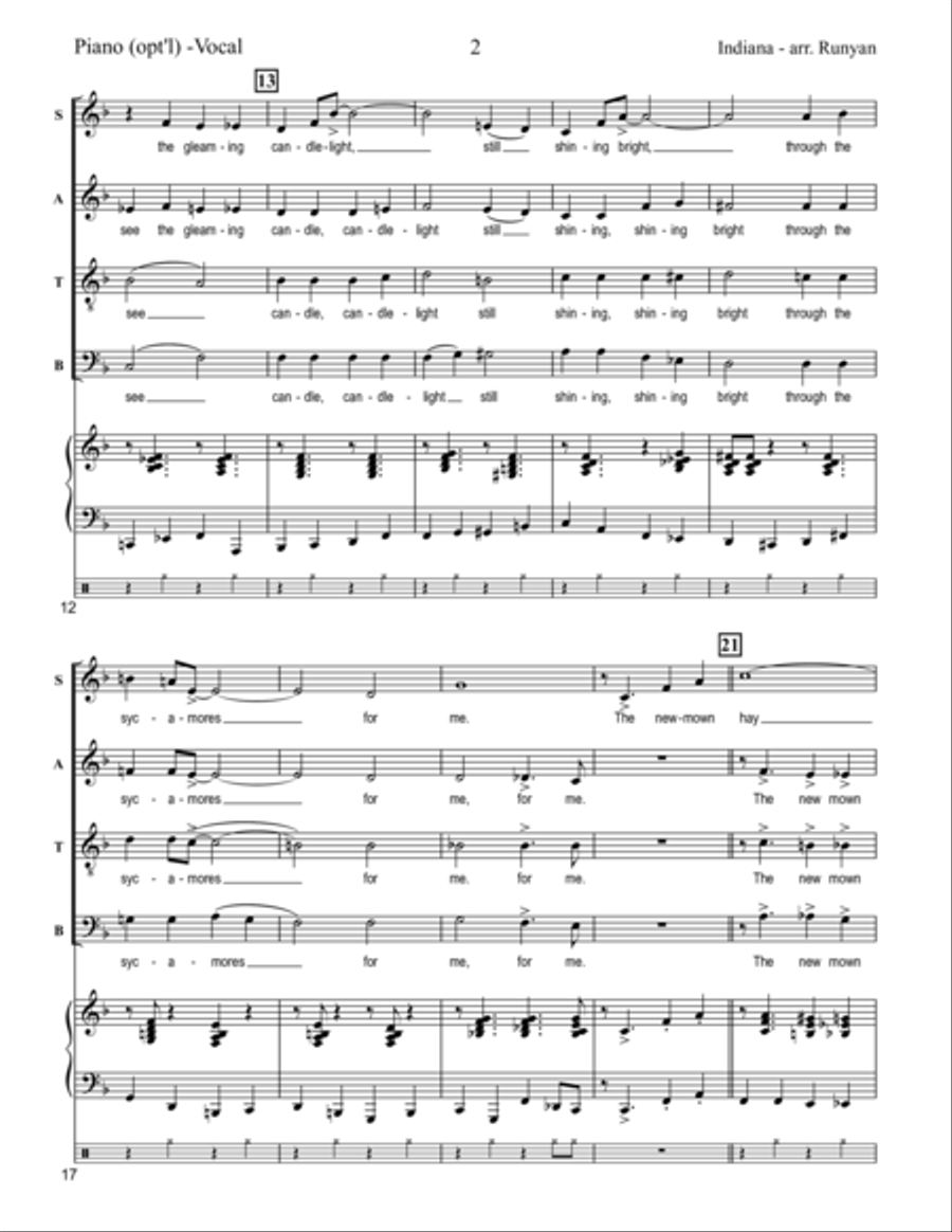 Indiana (Back Home Again in Indiana) (opt'l accomp. for SATB Swing ver.) 4-Part scores gallery preview page 2