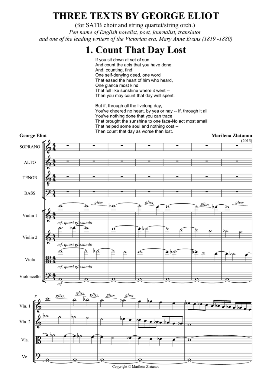 THREE TEXTS BY GEORGE ELIOT, for SATB choir ang strings 4-Part scores gallery preview page 1