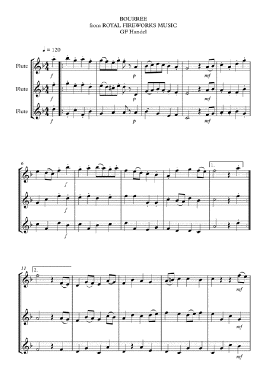 BOURREE from ROYAL FIREWORKS MUSIC Easy arrangement for 3 flutes - HANDEL Flute Trio scores gallery preview page 2