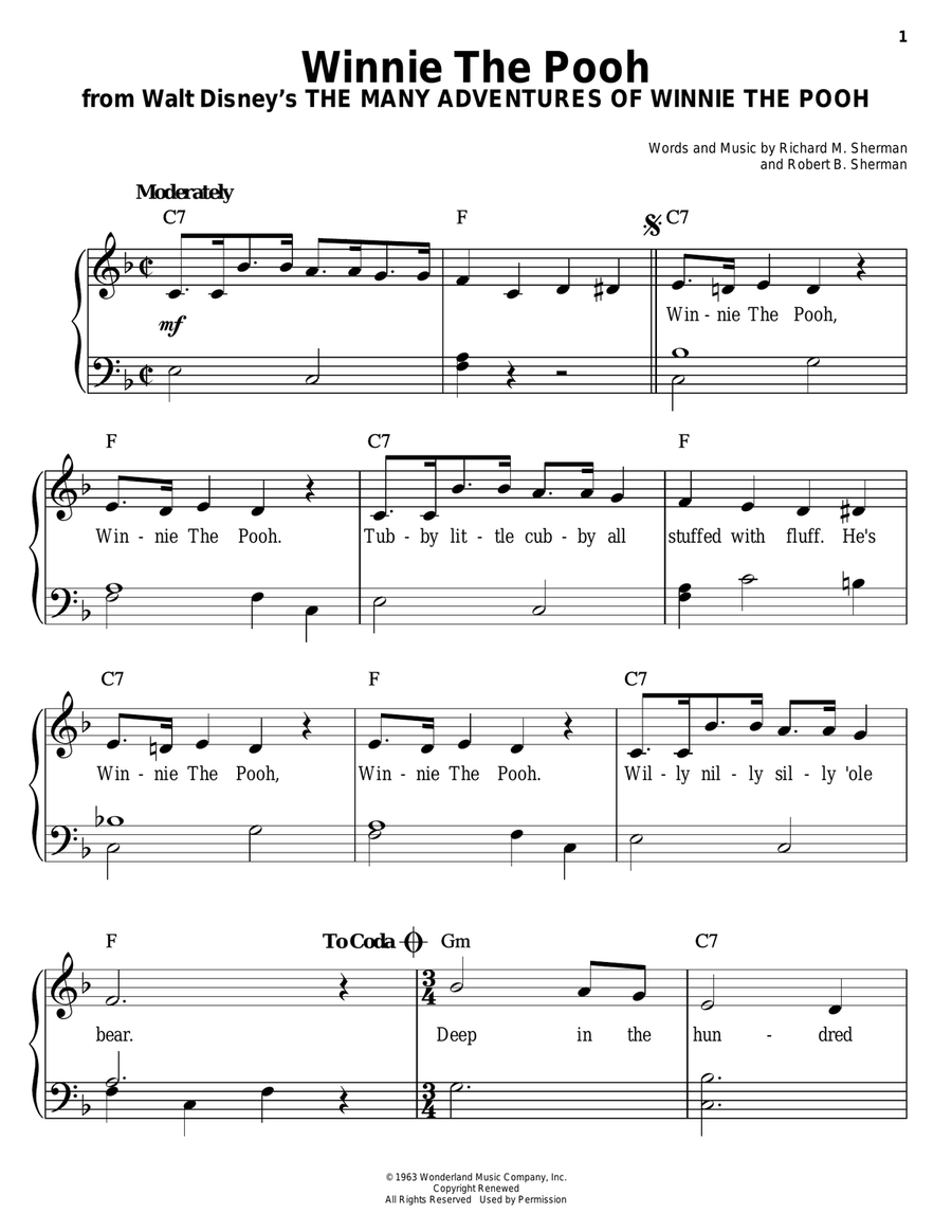 Winnie The Pooh (from The Many Adventures Of Winnie The Pooh) Easy Piano scores gallery preview page 1