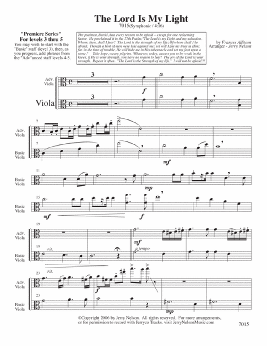 The Lord Is My Light (Arrangements Level 3-5 for VIOLA + Written Acc) Hymns image number null