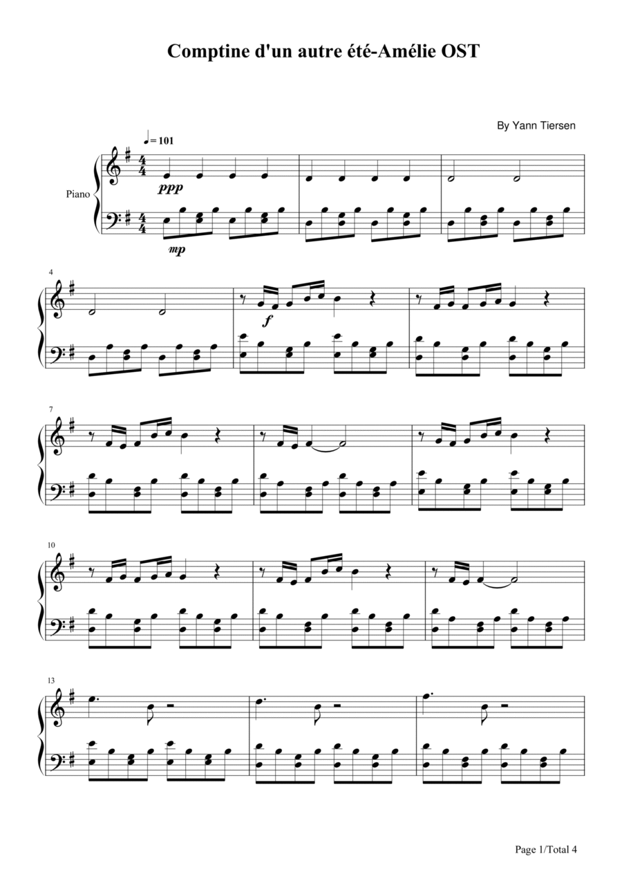 Comptine D'un Autre Été: L'après-midi Easy Piano scores gallery preview page 1