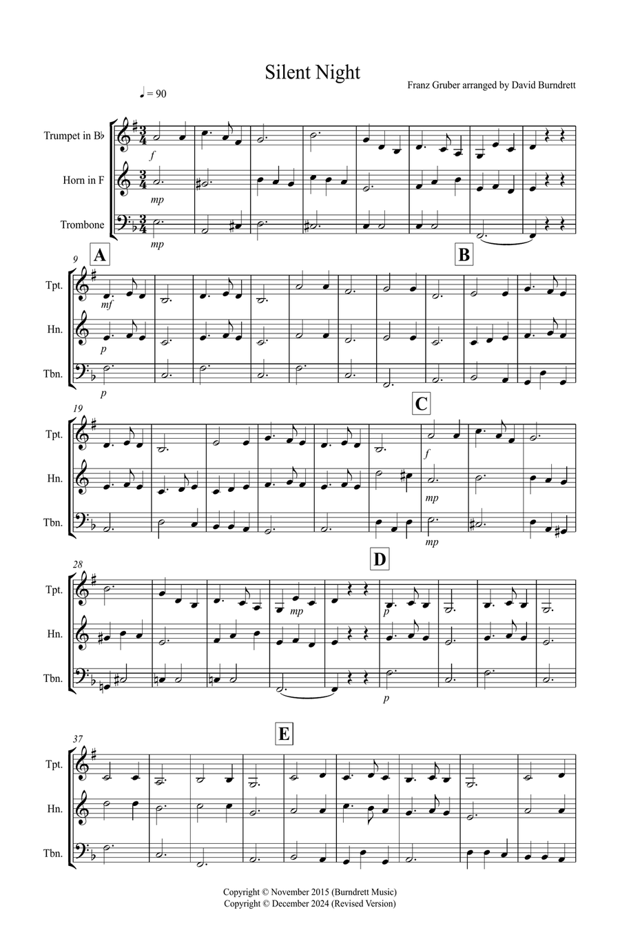 Silent Night for Trumpet, Horn and Trombone Trio Small Ensemble scores gallery preview page 1