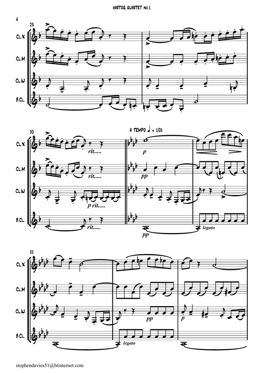 Quartet No.1 By Edouard de Hartog Op.35 for Clarinet Quartet. Clarinet Quartet scores gallery preview page 4