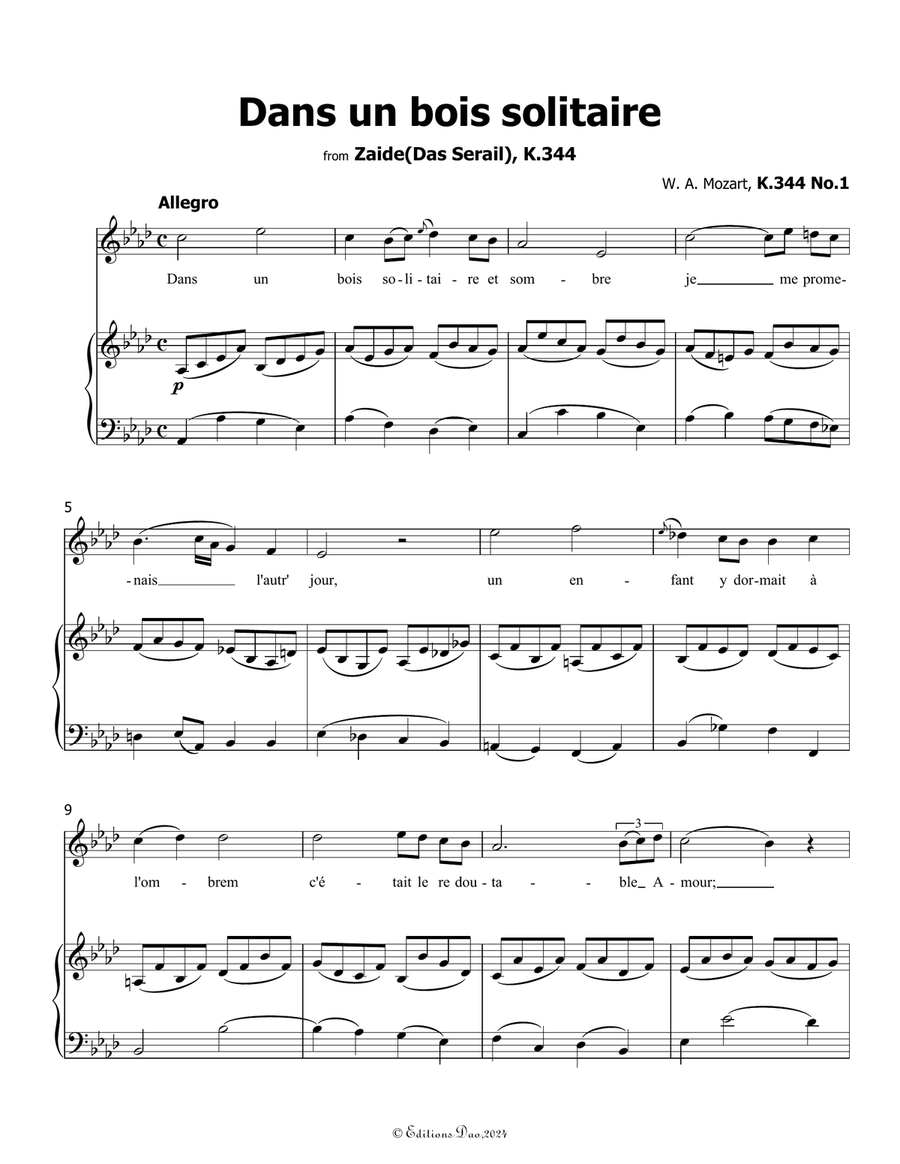 Dans un bois solitaire, by Mozart, K.308/295b, in A flat Major Piano, Vocal scores gallery preview page 3
