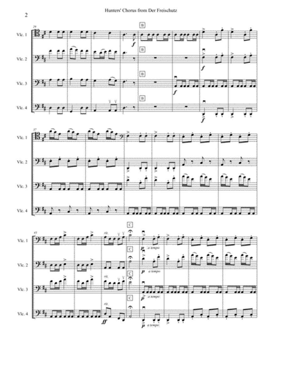Hunters' Chorus from Der Freischutz arranged for intermediate cello quartet (four cellos)