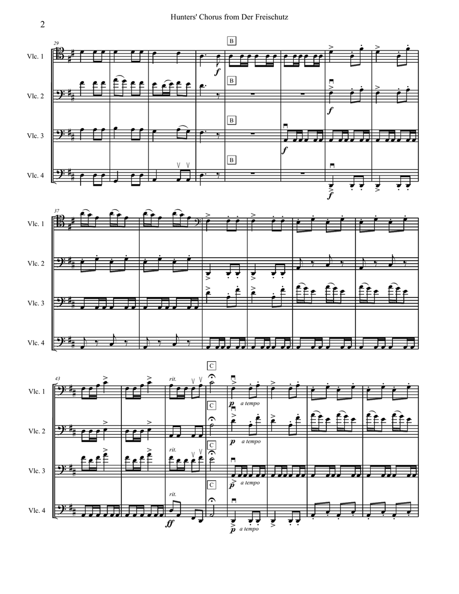 Hunters' Chorus from Der Freischutz arranged for intermediate cello quartet (four cellos) String Orchestra scores gallery preview page 2