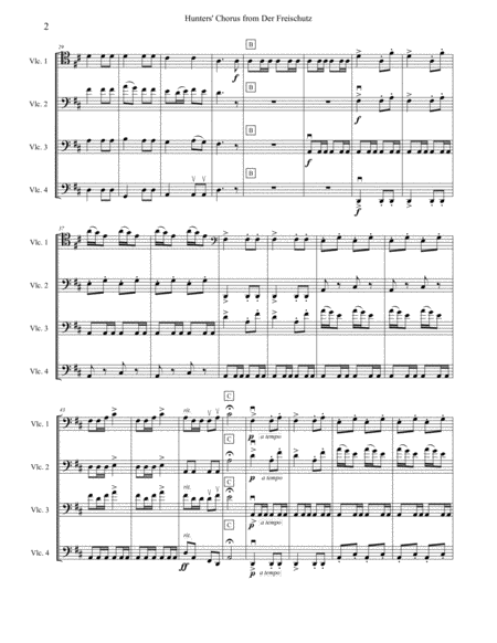 Hunters' Chorus from Der Freischutz arranged for intermediate cello quartet (four cellos)