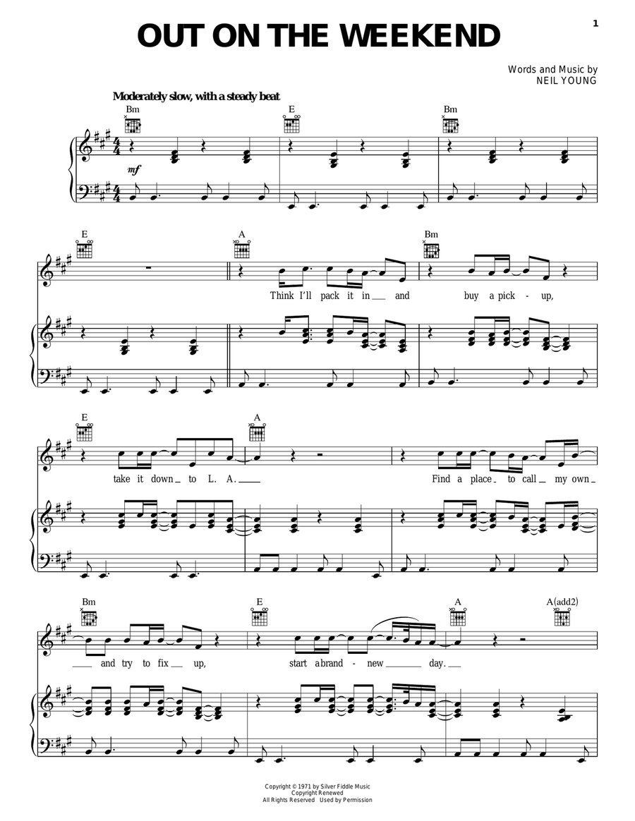 Out On The Weekend Piano, Vocal, Guitar scores gallery preview page 1