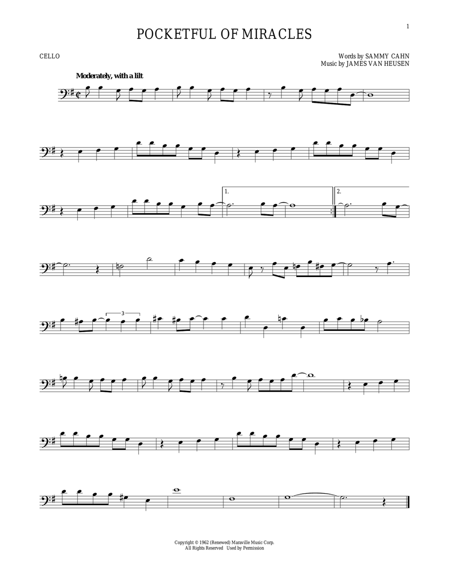 Pocketful Of Miracles Pocketful Of Miracles Cello Solo scores gallery preview page 1