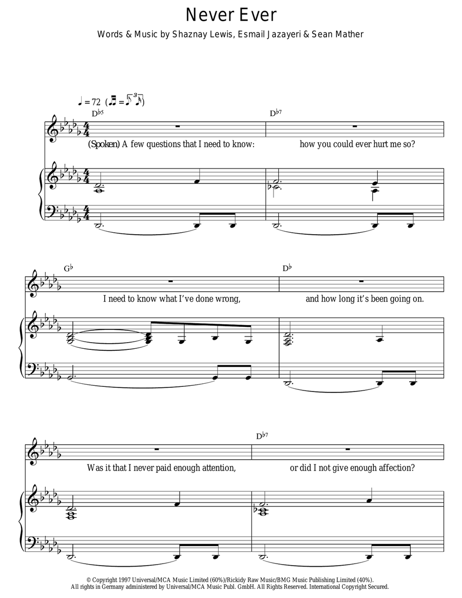 Never Ever Never Ever Piano, Vocal scores gallery preview page 1