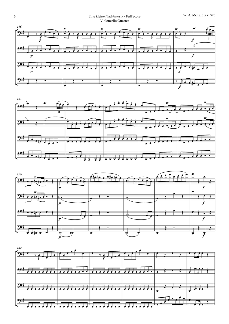 Eine kleine Nachtmusik by Mozart for Cello Quartet String Quartet scores gallery preview page 6