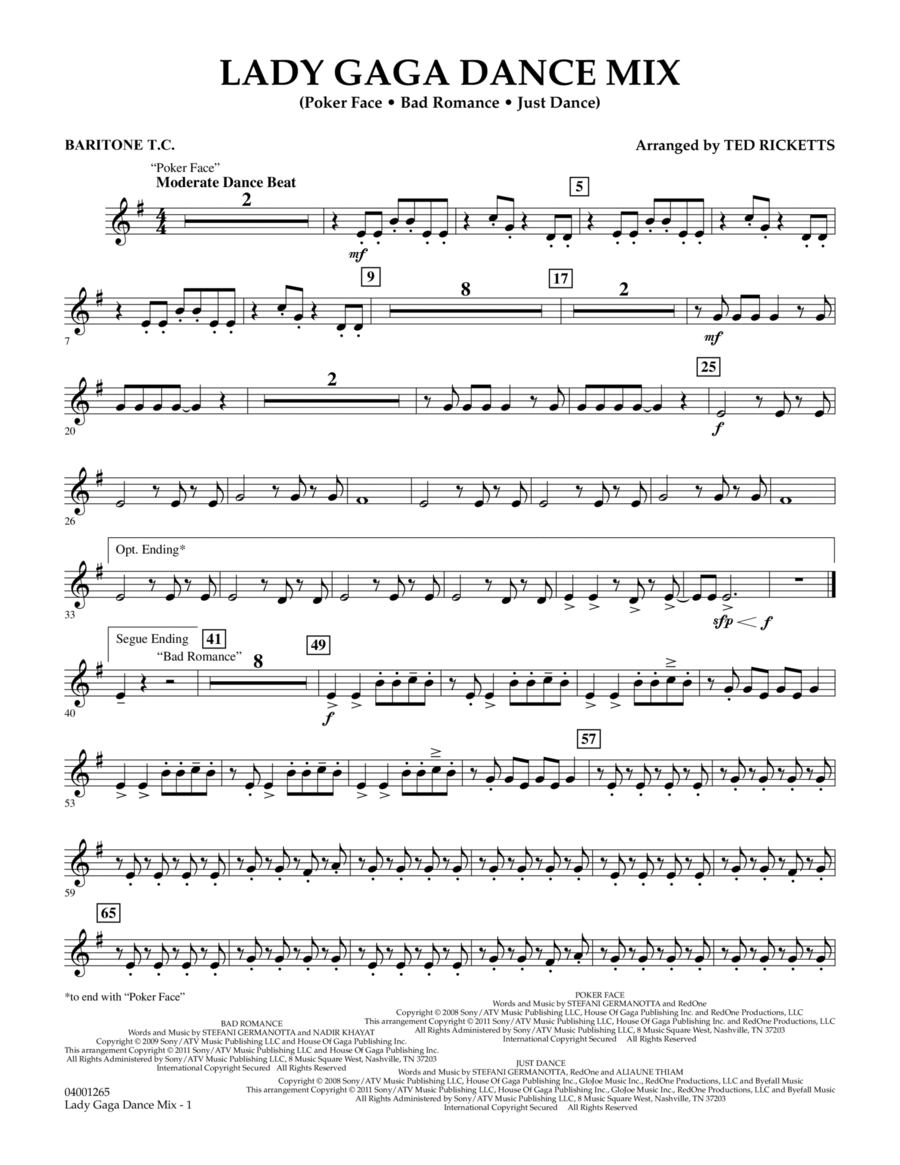 Lady Gaga Dance Mix - Baritone T.C. Concert Band scores gallery preview page 1