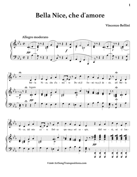 BELLINI: Bella Nice, che d'amore (transposed to C minor)