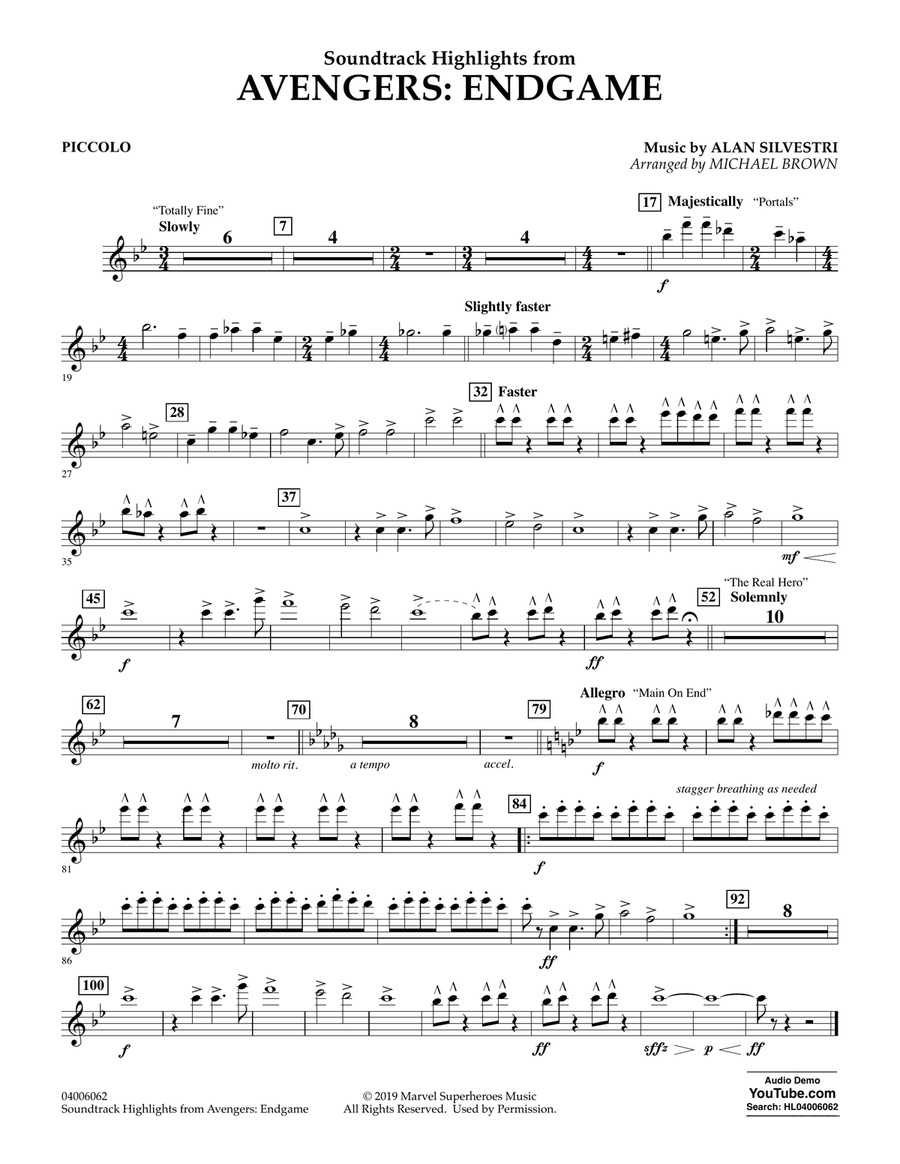 Soundtrack Highlights from Avengers: Endgame (arr. Michael Brown) - Piccolo Concert Band scores gallery preview page 1
