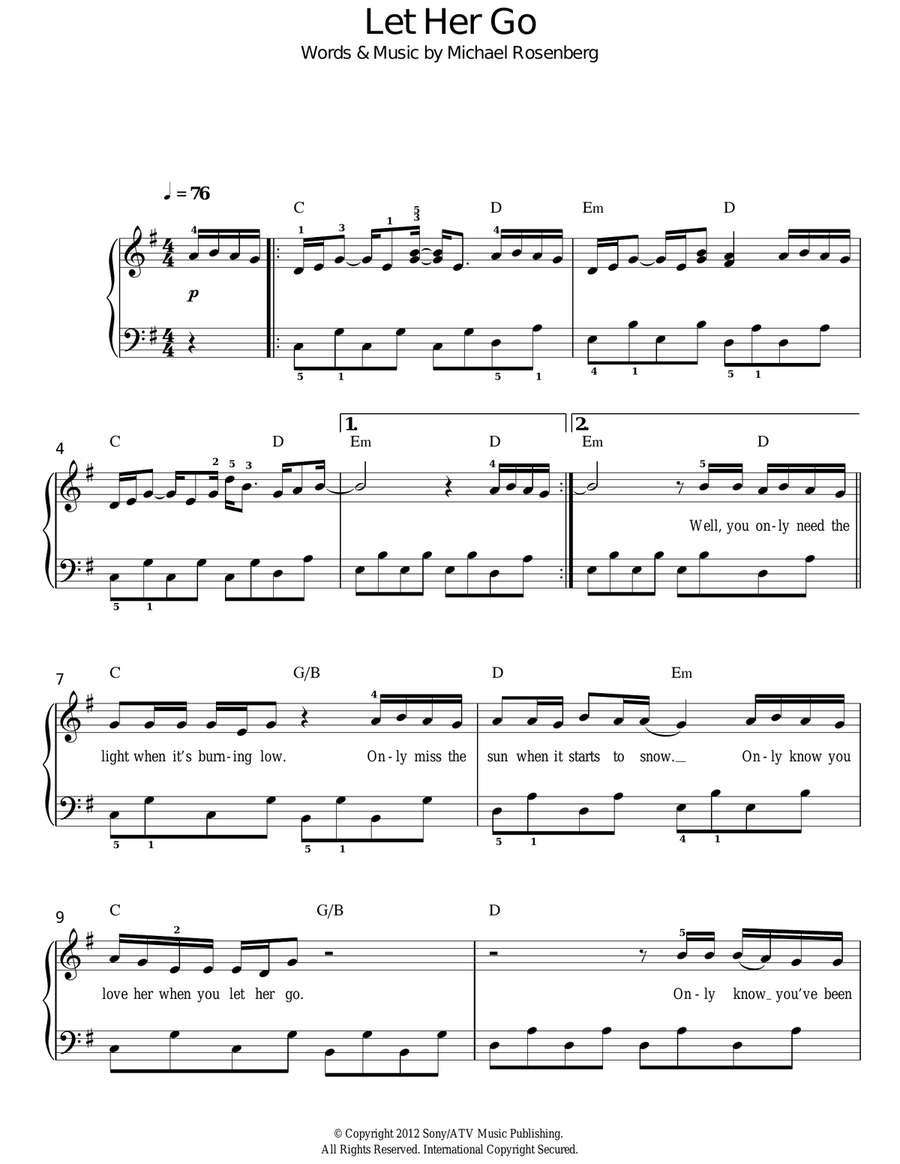 Let Her Go Easy Piano scores gallery preview page 1