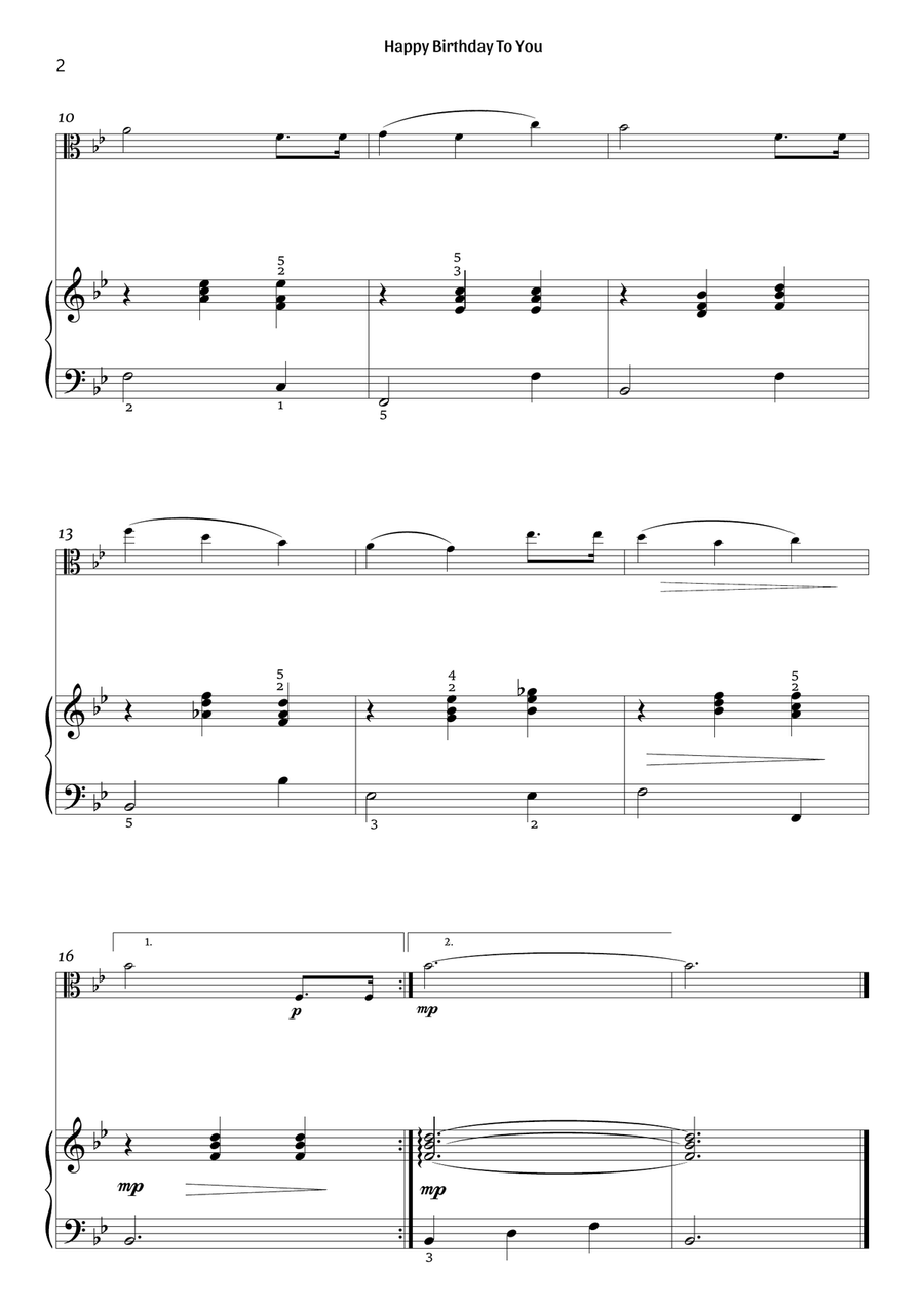 Happy Birthday To You (viola and piano – clean with fingering) Piano scores gallery preview page 2