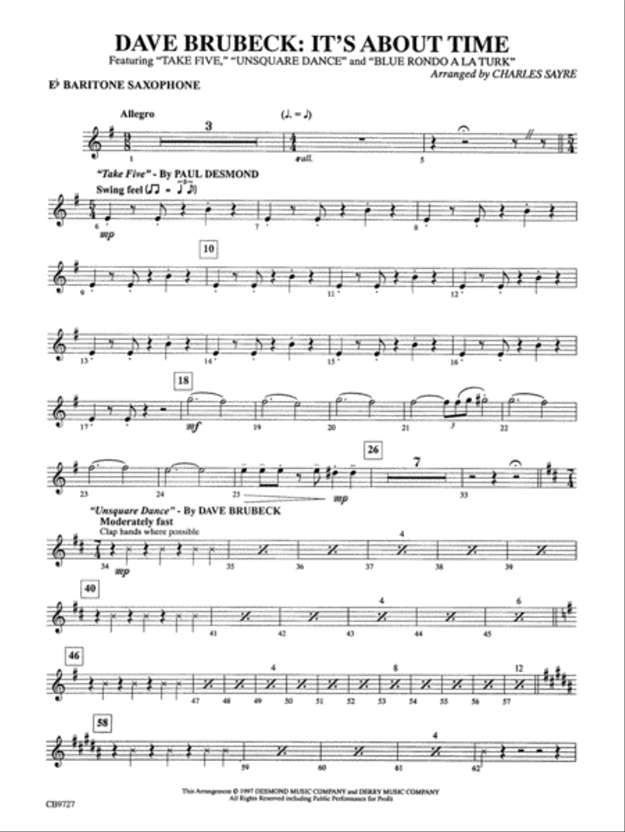 Dave Brubeck: It's About Time: E-flat Baritone Saxophone Concert Band scores gallery preview page 1