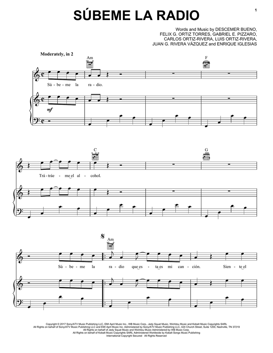 Subeme La Radio Piano, Vocal, Guitar scores gallery preview page 1