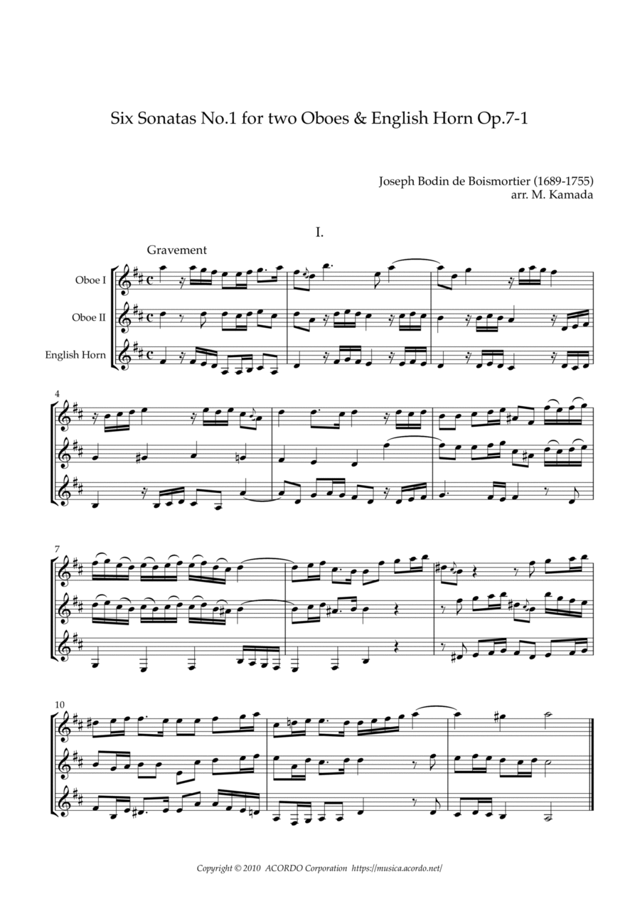 Six Sonatas No.1 for two Oboes & English Horn Op.7-1 Woodwind Ensemble scores gallery preview page 1