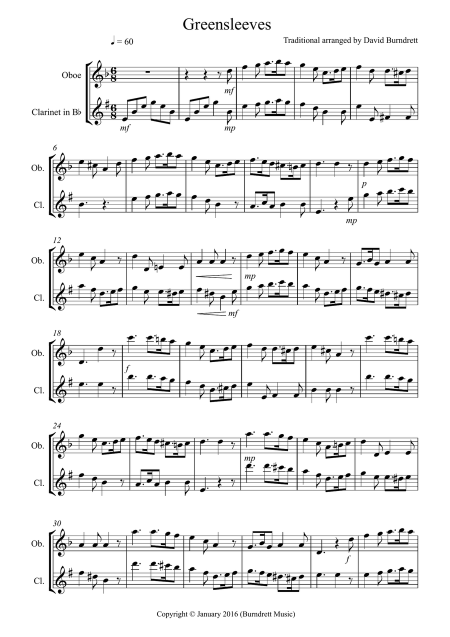 Greensleeves for Oboe and Clarinet Woodwind Duet scores gallery preview page 1