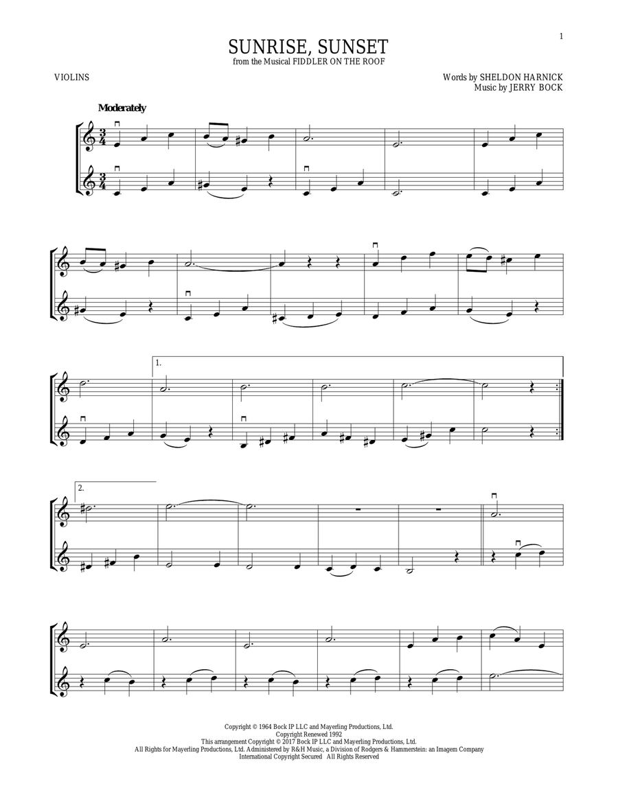 Sunrise, Sunset (from Fiddler On The Roof) String Duet scores gallery preview page 1
