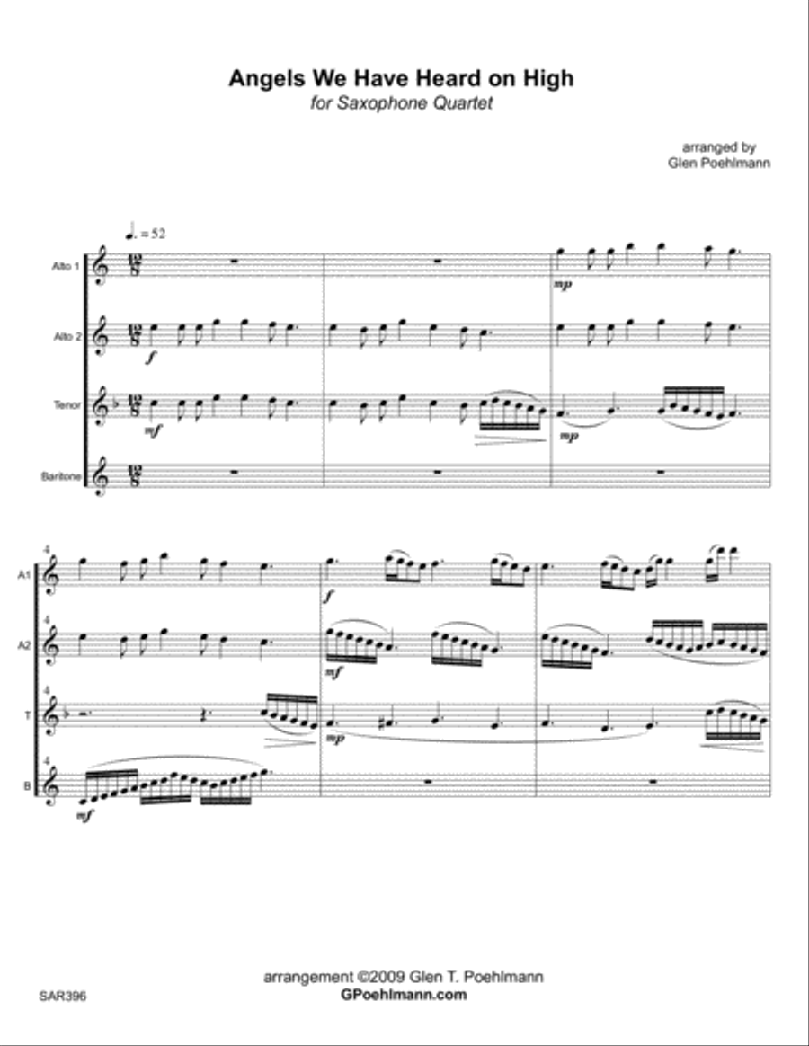 ANGELS WE HAVE HEARD ON HIGH - SATB or AATB SAXOPHONE QUARTET (unaccompanied) Saxophone Quartet scores gallery preview page 1