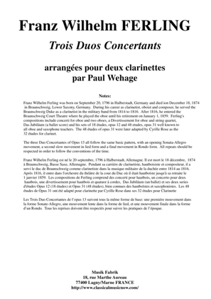 Book cover for Franz Wilhelm Ferling: 3 Duos Concertants Op. 13, arranged for two clarinets by Paul Wehage