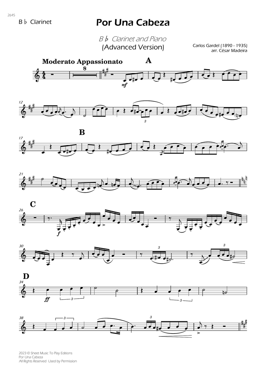Por Una Cabeza - Bb Clarinet and Piano - Advanced (Individual Parts) B-Flat Clarinet scores gallery preview page 1