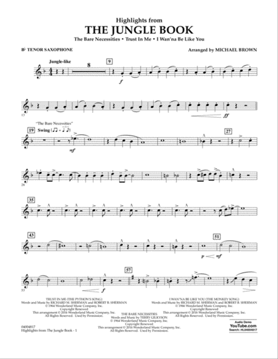 Highlights from The Jungle Book - Bb Tenor Saxophone Concert Band scores gallery preview page 1