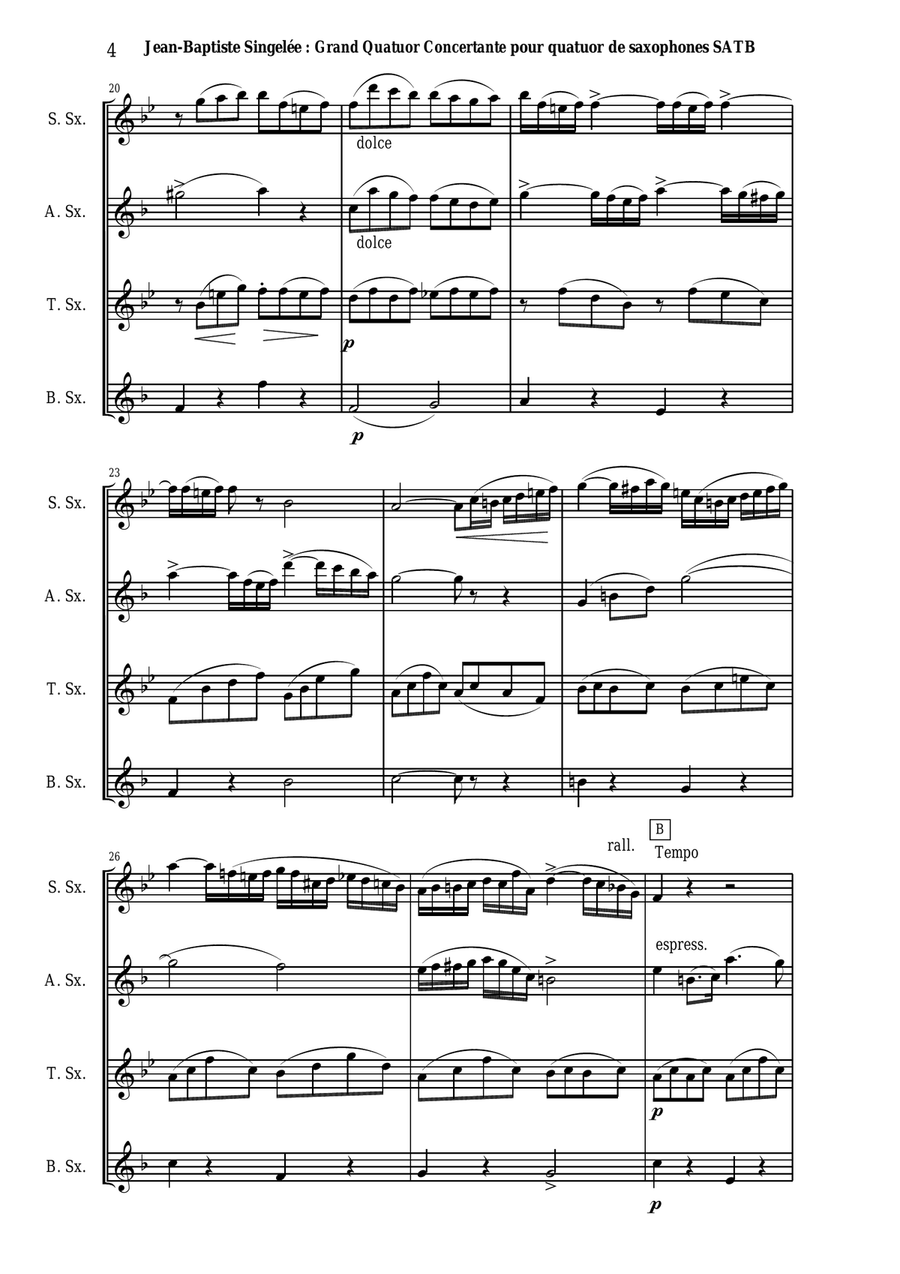 Jean-Baptiste Singelée: Grand Quatuor Concertante, opus 79 pour quatuor de saxophones SATB ou ensemb