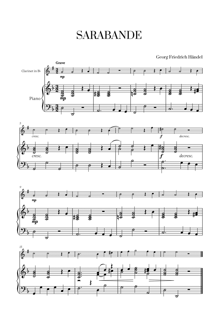 G. F. Haendel - Sarabande for Clarinet in Bb and Piano B-Flat Clarinet scores gallery preview page 1